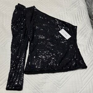 Lovers + Friends Black Sequin One-Shoulder Top